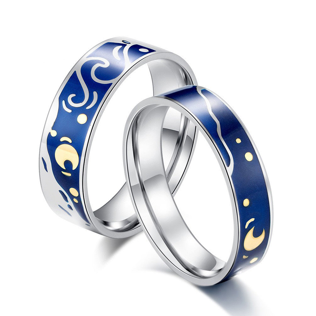 Artistic Romance Couple Ring Van Gogh's Starry Sky Design