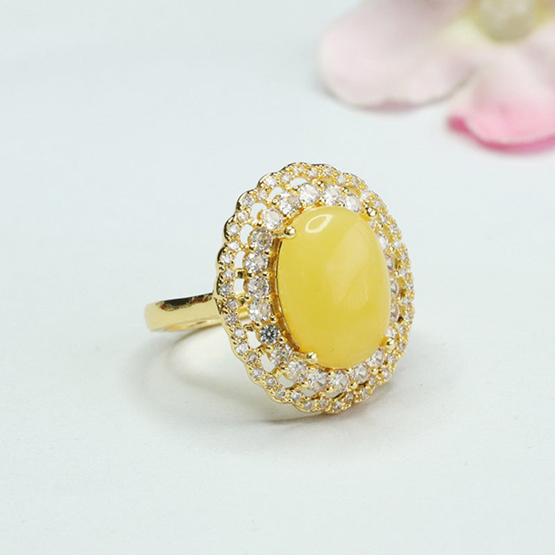 Amber Halo Ring with Zircon Accent and Sterling Silver Band