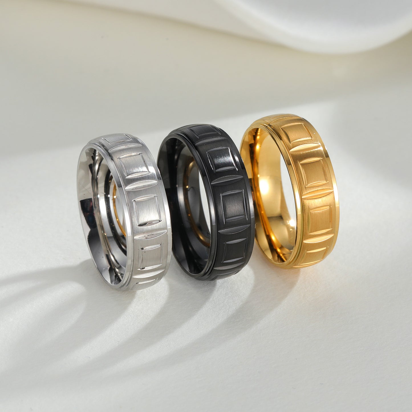 Stainless Steel Ring Unisex Retro Square Pattern Engraving Fade Resistant Durable Planderful