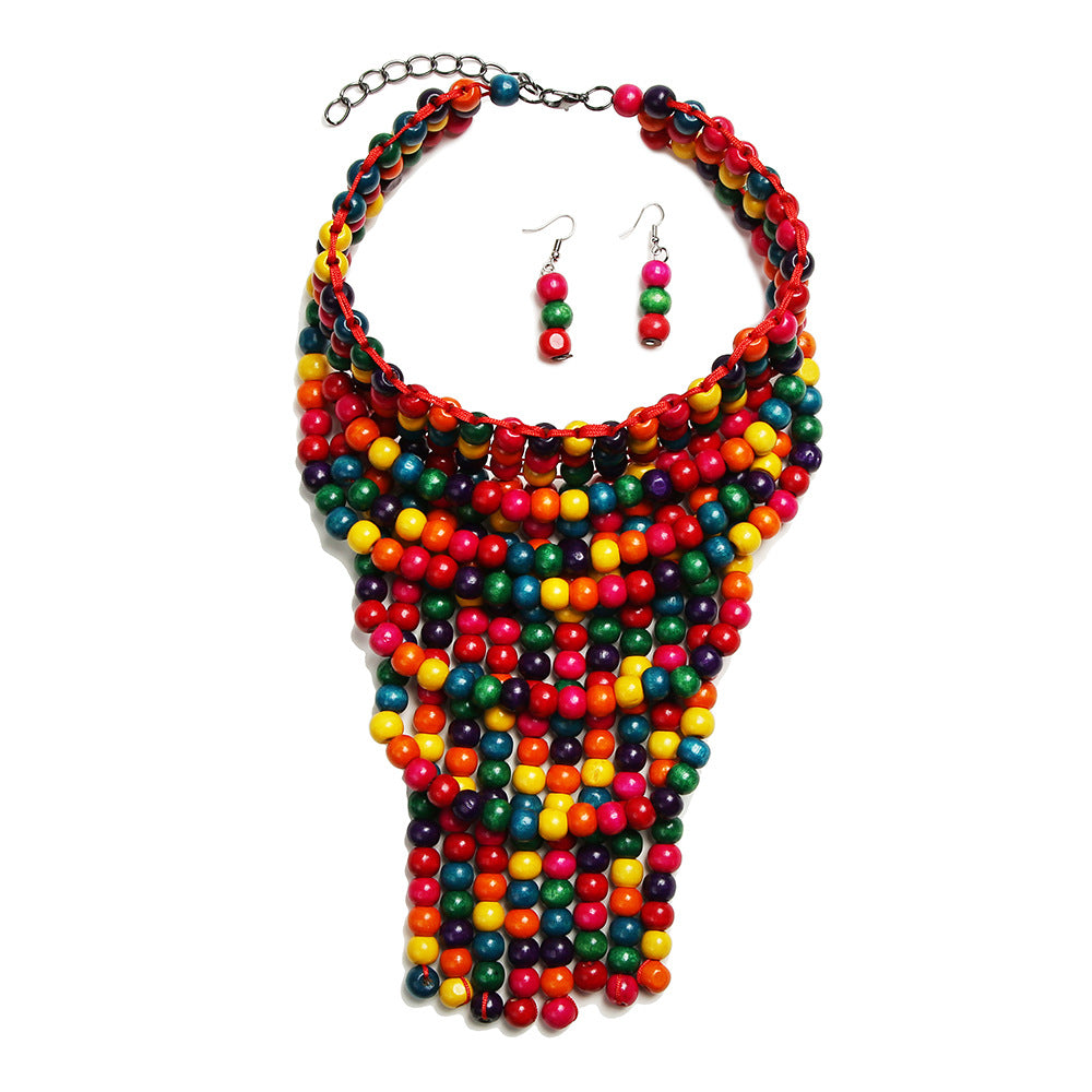 African Savanna Rhythms Wooden Bead Necklace Set - Handcrafted Ethnic Jewelry