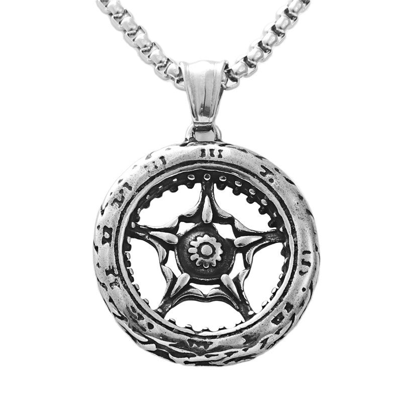 Titanium Steel Punk Pentagram Necklace for Men - Retro Trendy Stainless Steel Wheel Pendant