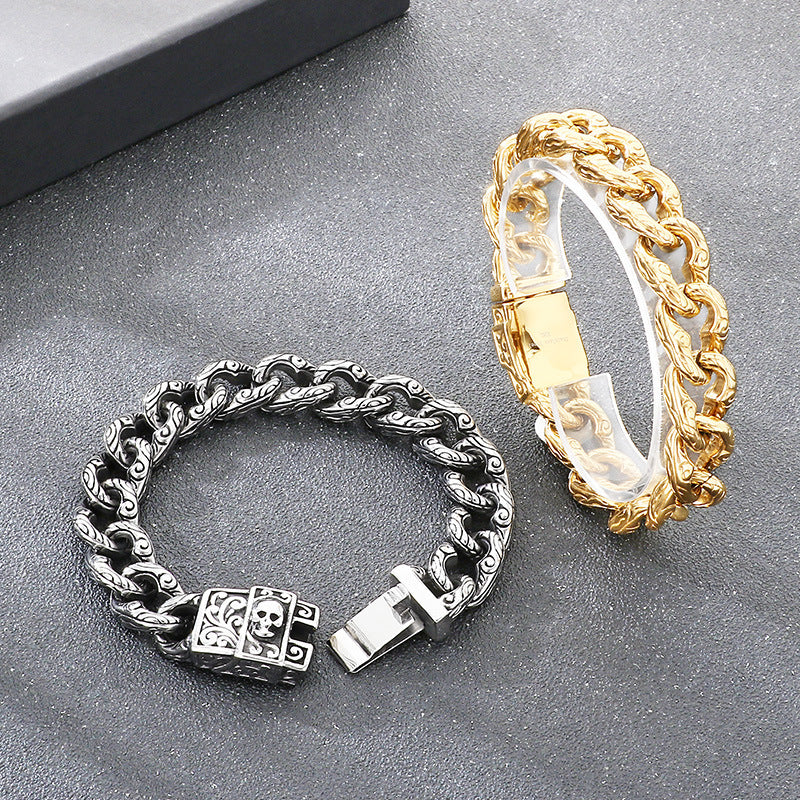 Dark Flower Pattern – Smearing Skull Buckle Cuban Chain Titanium Bracelet