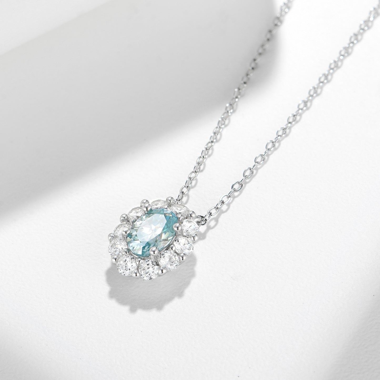 French Paraiba Color Lake Water Blue Moissanite Pendant Necklace