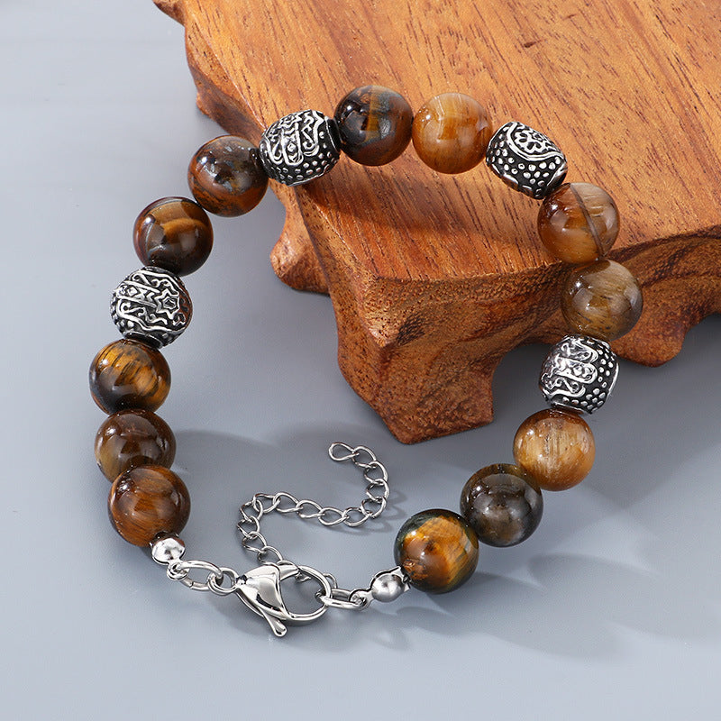 Bracelet – Tiger's Eye Stone Beaded Stainless Steel Round Beads With Extension Chain