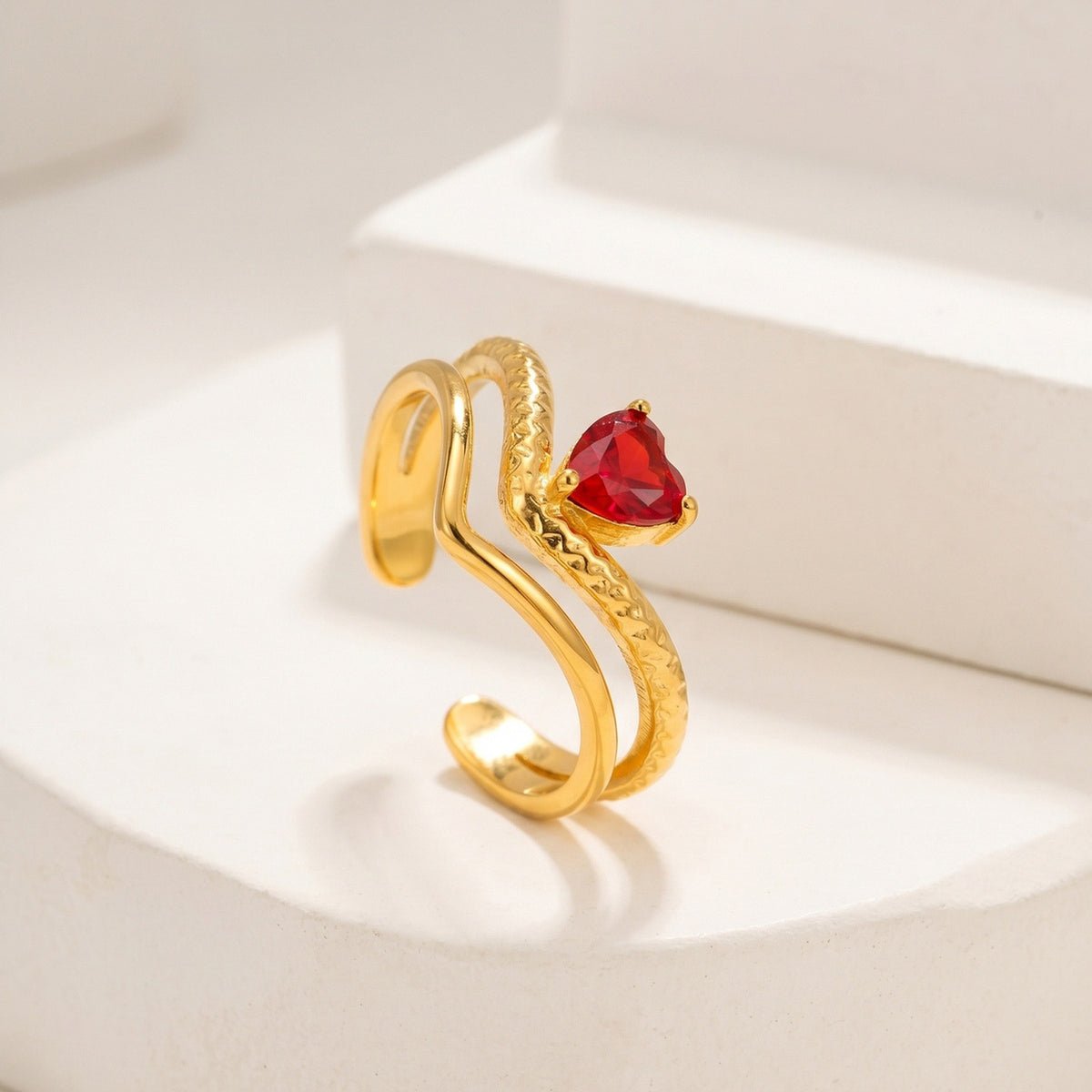 Stainless Steel V-Shaped Heart-Shaped Red Zirconium Open Ring