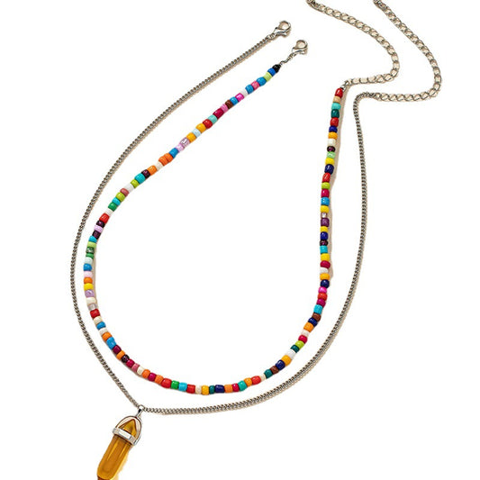 Retro Stone Beaded Necklace with Hexagonal Pendant and Unique Design Touch, Ideal for European and American Markets
