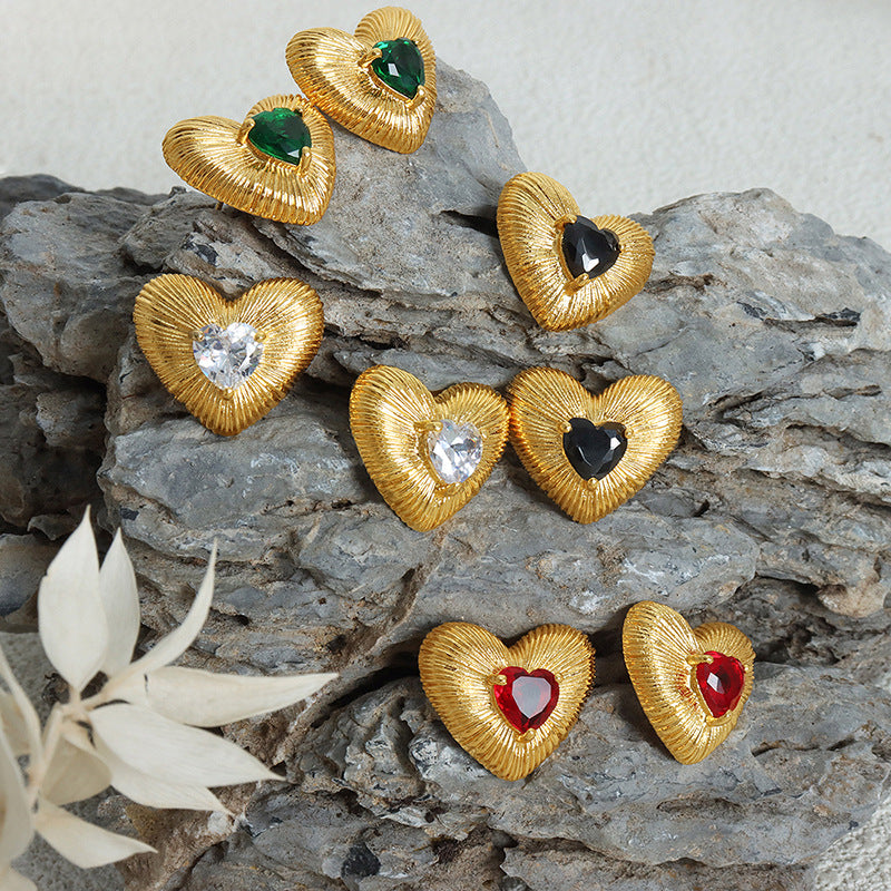 Textured Heart-Shaped Zircon Stud Earrings with French Flair