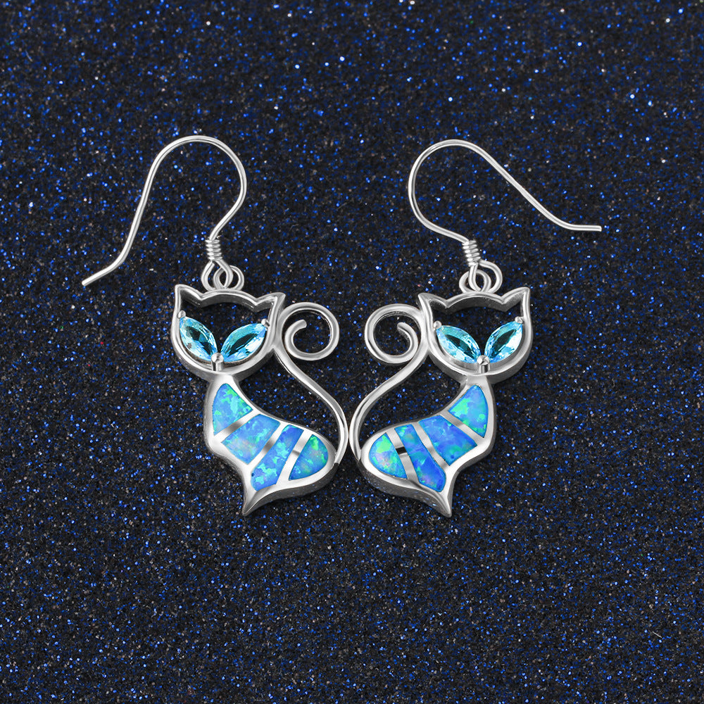 Planderful Jewelry Opal Cat Earrings In Sterling Silver With Light Blue Zircon Eyes