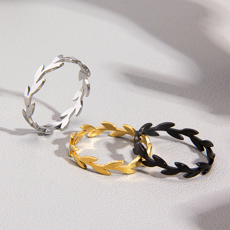 Chic Titanium Steel Ring with Olive Branch Design - Size 6-12
