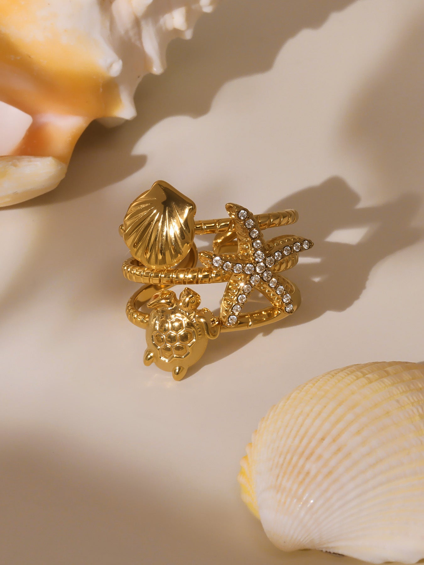 Planderful Ocean Zircon Shell Ring 18K Gold Plated Lovers