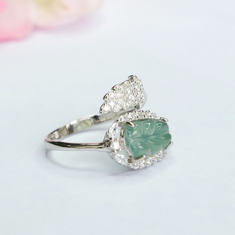 Sterling Silver Adjustable Natural Jade Leaf Ring
