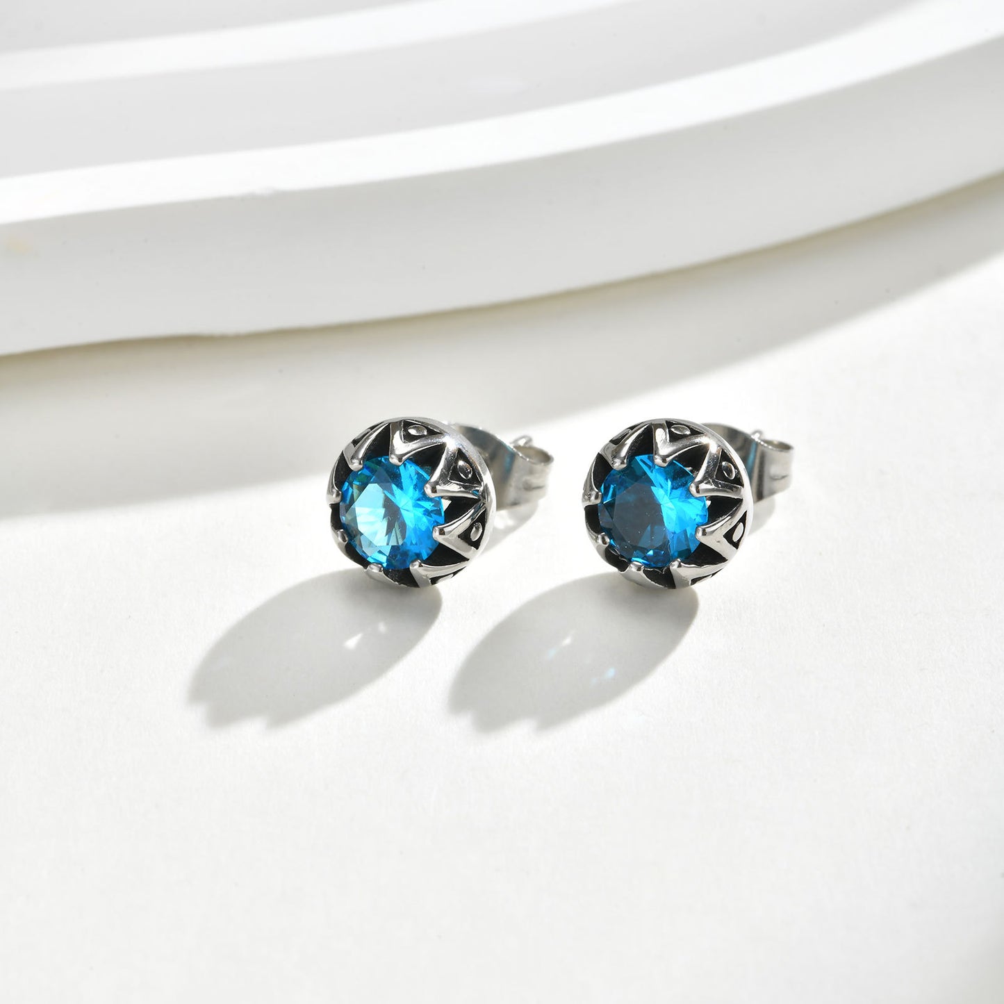 Planderful Titanium Steel Earrings Crown Blue Zircon Unisex