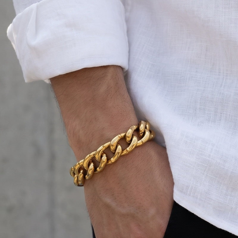 Round Bead Rivets Solid 18mm Cuban Hip-Hop Design Stainless Steel Men's Bracelet