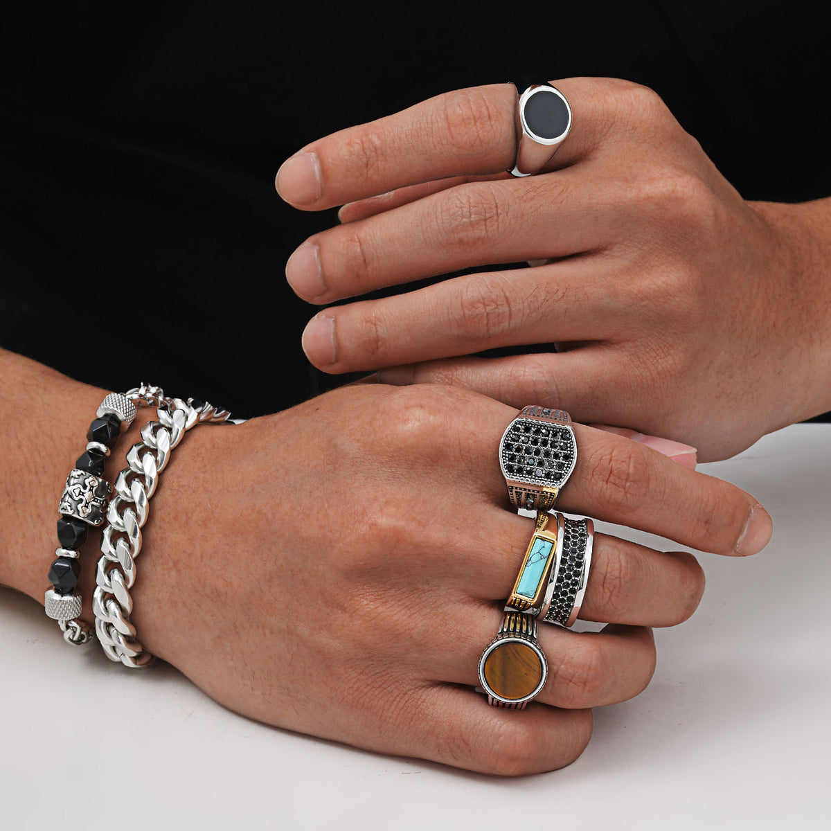 Stainless Steel Hip Hop Zircon Tiger's Eye Ring and Bracelet Men's Turquoise Wear