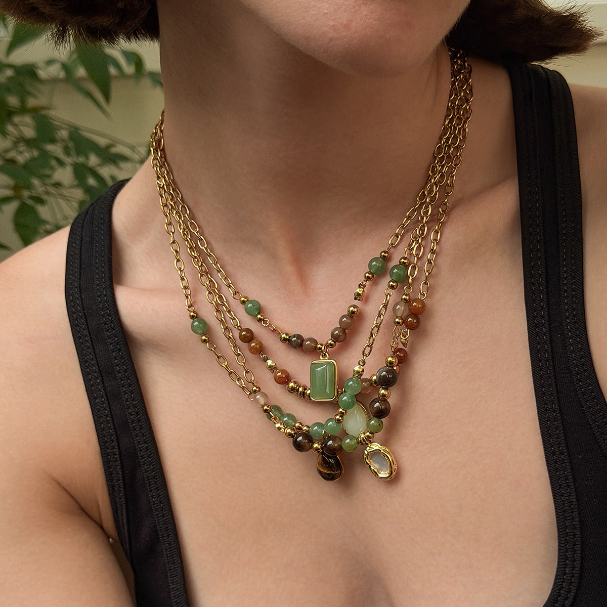 Vacation Gravel Pendant Beaded Collarbone Chain Retro Colored Gemstone Stainless Steel Neck Necklace