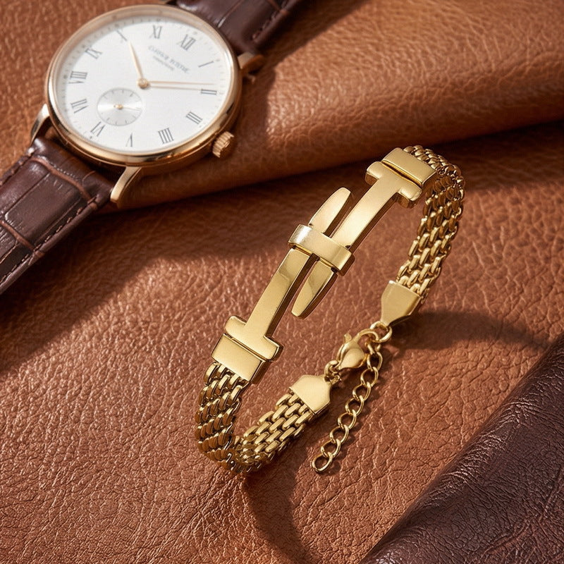 Style Buckle With Extension Chain Bracelet – Cross Curved Bar Mesh Chain Stainless Steel