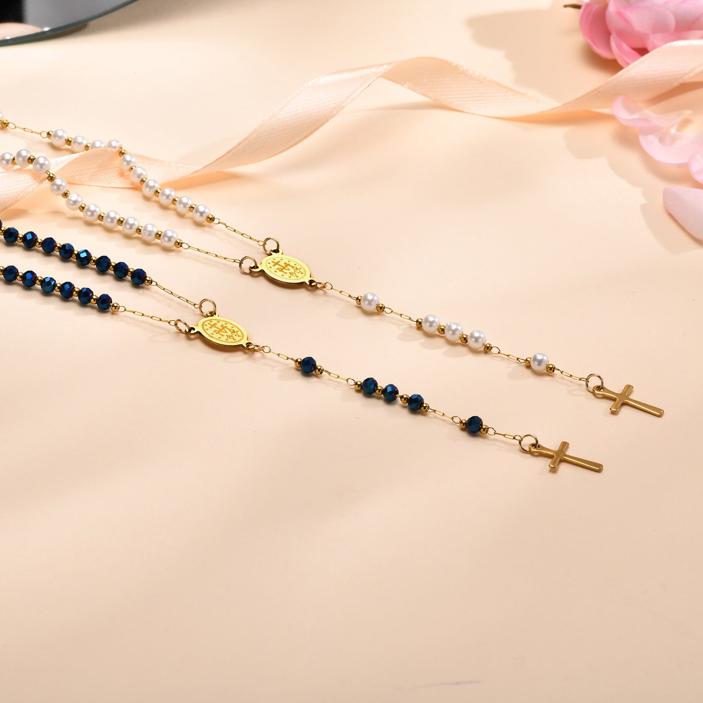 Ladies Stainless Steel Virgin Mary Cross Beaded Necklace Gold