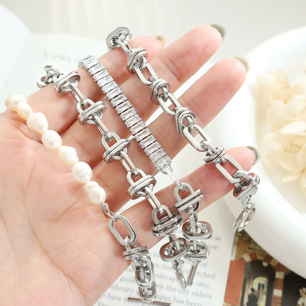 Exaggerated Titanium Steel Hip-Hop Personality Necklace with Freshwater Pearl and Zircon