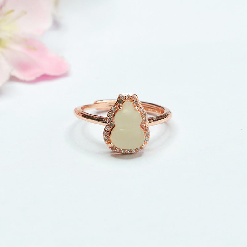 Gourd-shaped Natural Hotan Jade Sterling Silver Ring