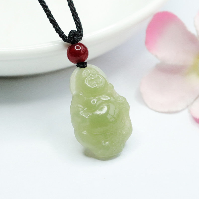 Green Buddha Necklace with Natural Hotan Jade from Lake - Sterling Silver Jewelry