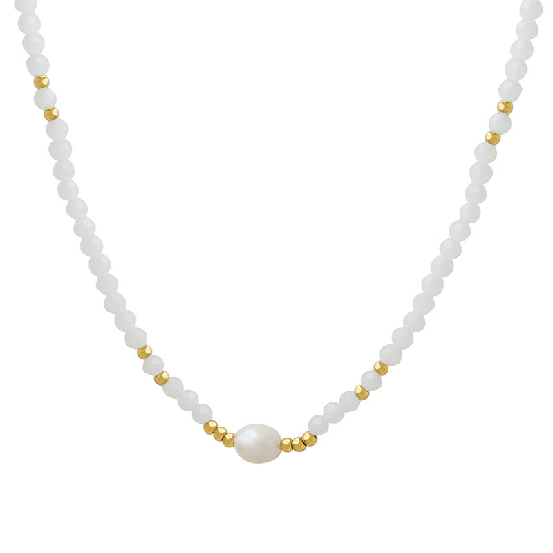 French Titanium Steel Necklace with Freshwater Pearl and Glass Stone Beads