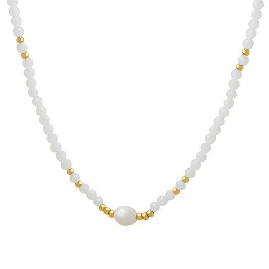 French Titanium Steel Necklace with Freshwater Pearl and Glass Stone Beads