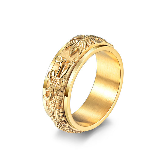 Planderful Titanium Steel Ring Rotary Decompression Gold Plated Dragon Panlong Design For Men Premium Jewelry