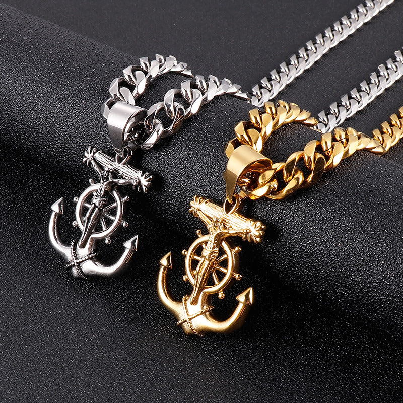 Titanium Steel Necklace, Cross Anchor Pendant, Stainless Steel Men's Pendant