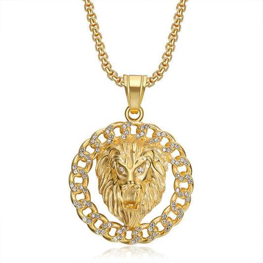 Zircon Necklace – Statement Hip Hop Lion Head Pendant Gold Plated Titanium Steel Jewelry