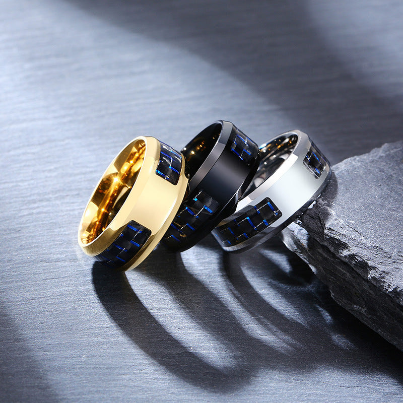 Face Width 8MM Stainless Steel Men's Ring Blue Black Carbon Fiber