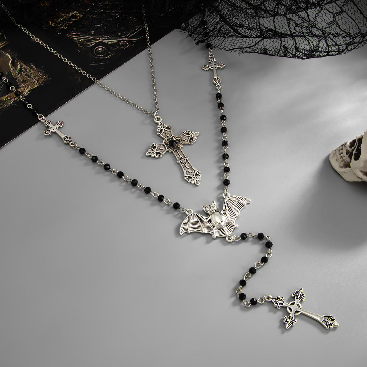 Gothic Bat Cross Crystal-Style Long Necklace