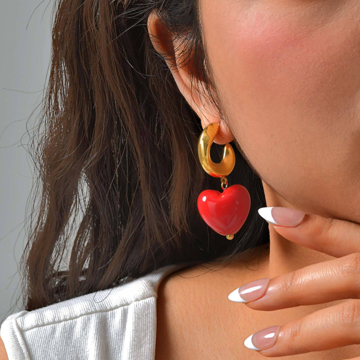 Red Heart Charm Gold-Tone Hoop Earrings
