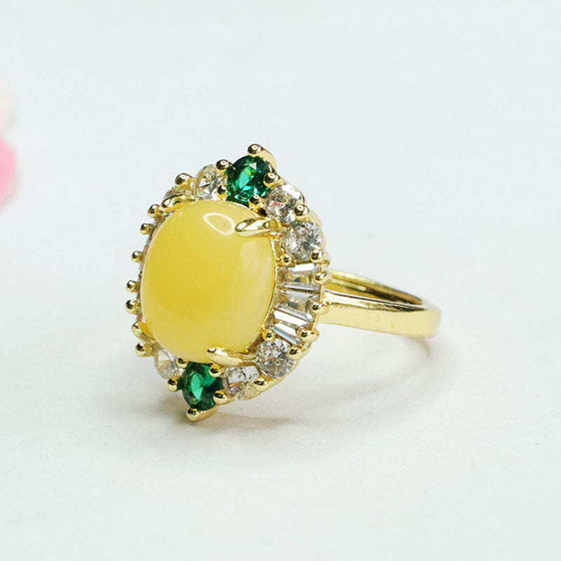 Ethnic Style Sterling Silver Ring with Amber Yellow Beeswax Zircon in Oval Shape
