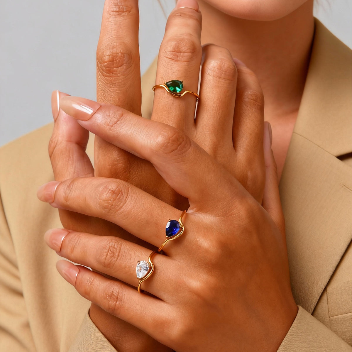 Hot-Selling Stainless for Women Water Drop Zircon Geometric Ring Gold