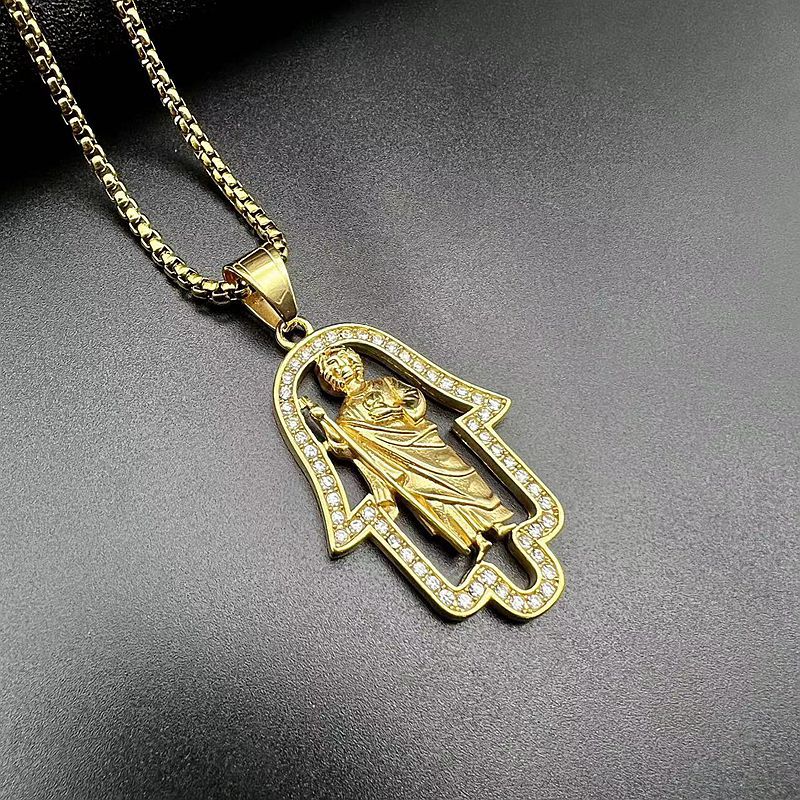 Planderful Hip Hop Pendant Necklace Stainless Steel Gold Plated Zircon Fatima Hand St Jude Urban Jewelry Lovers Must Have