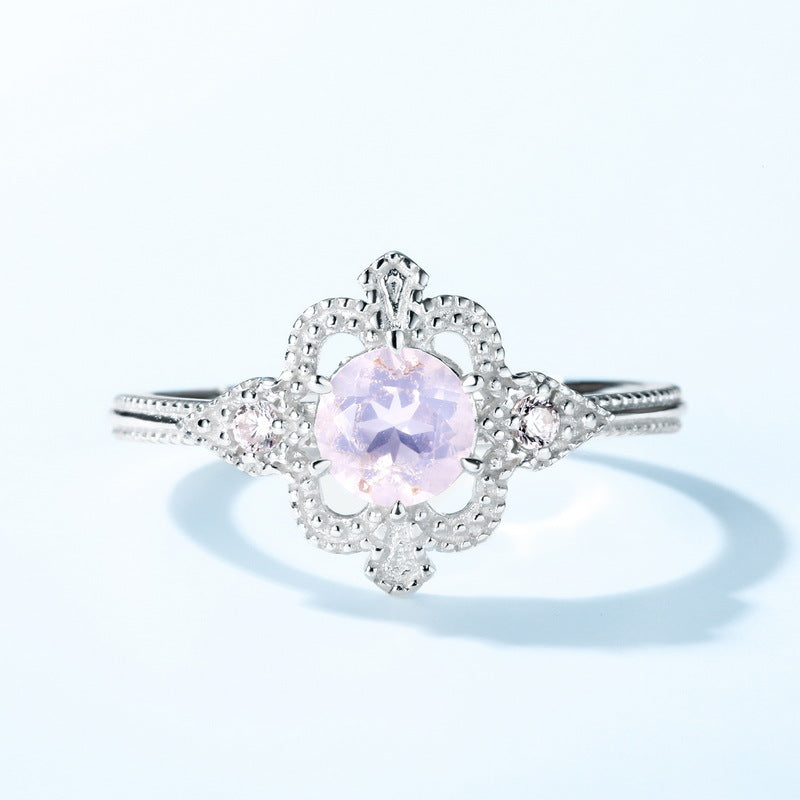 Round Cut Pink Crystal Vintage Flower Opening Silver Ring