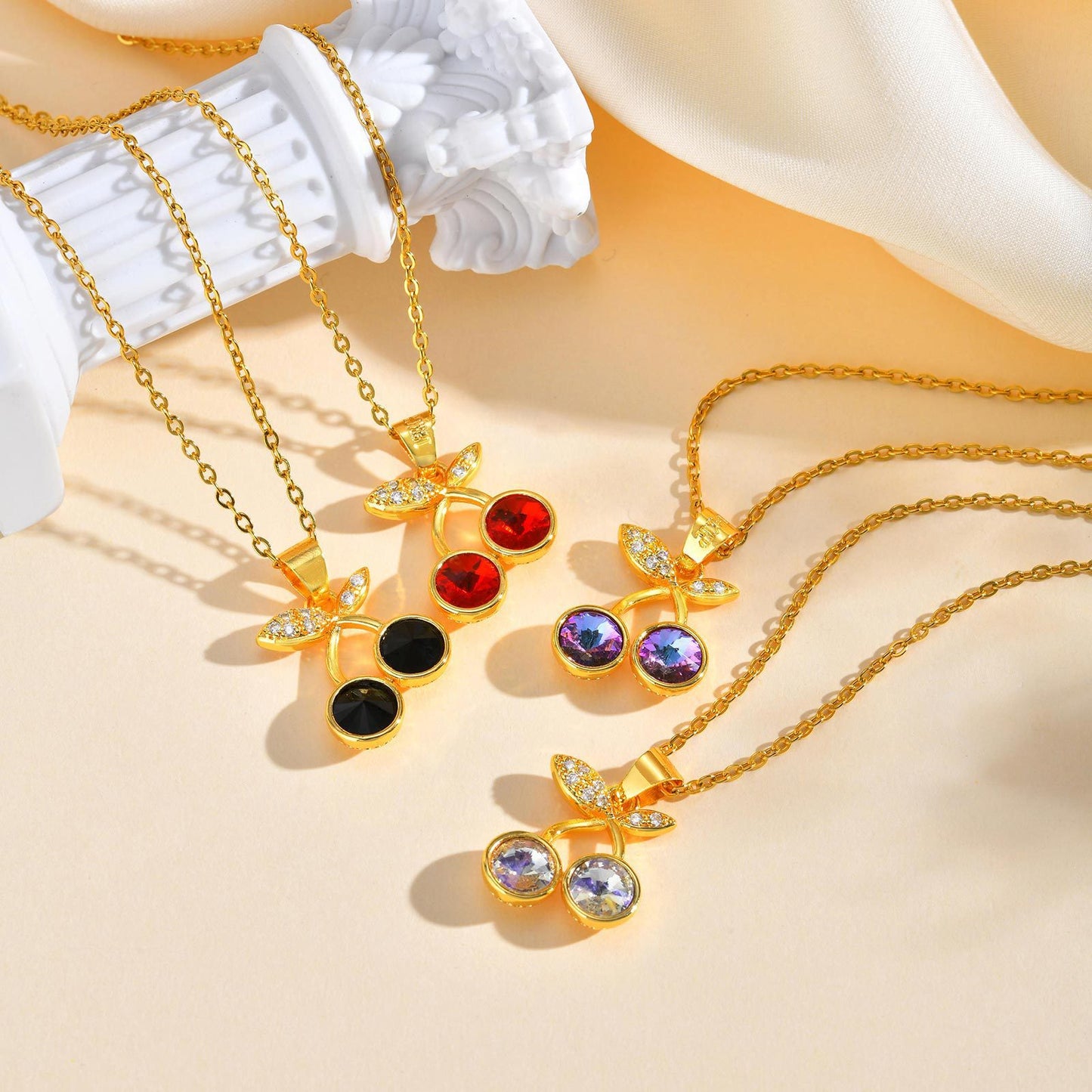 Copper Material Style Cherry Fruit Zircon Design Pendant Necklace