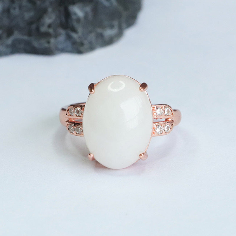 Oval Hetian Jade Sterling Silver Ring with Zircon Accents