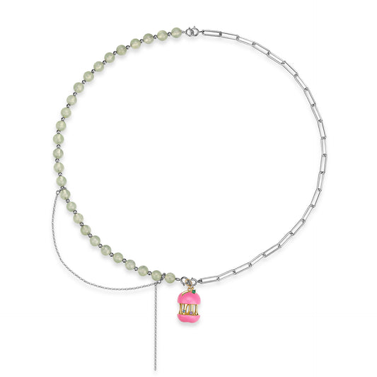 Pink Bird Cage Pendant Natural Prehnite Tassel Splicing Silver Necklace