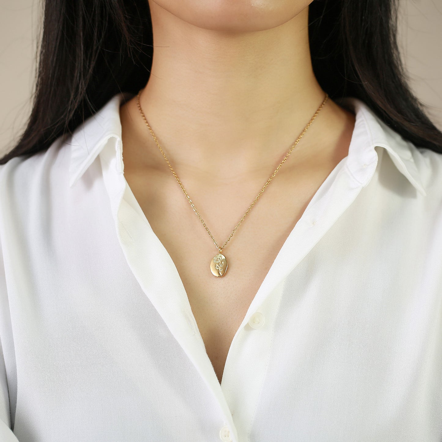 Rose Pendant Round Necklace Clavicle Chain Stainless Steel