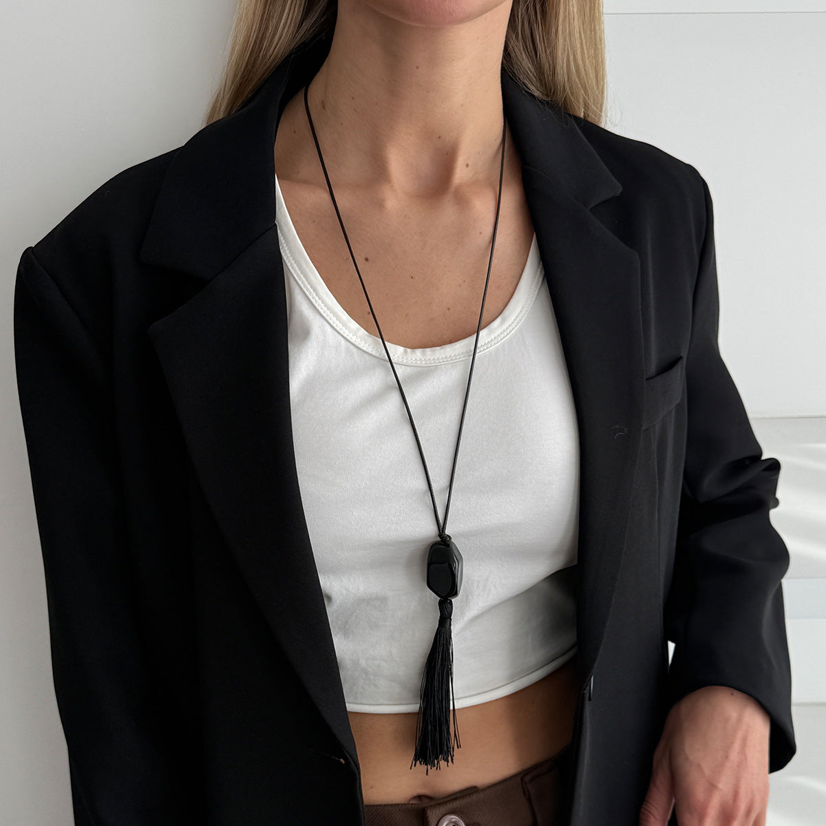 Black Acrylic Bead Tassel Long Necklace