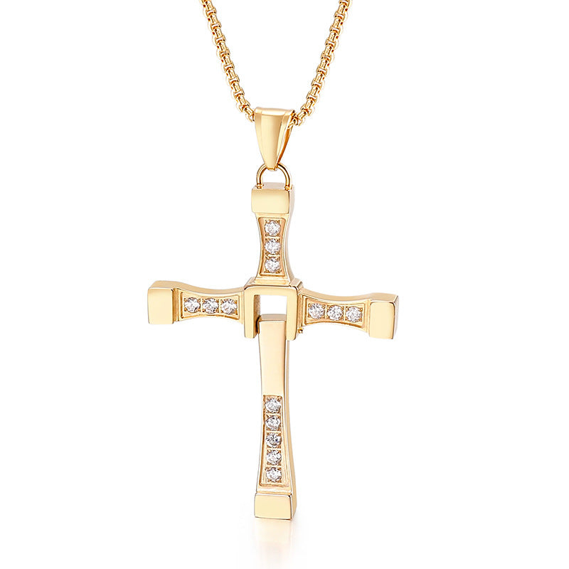 Mens Stainless Steel Hollow Cross Pendant with Zircon Detail