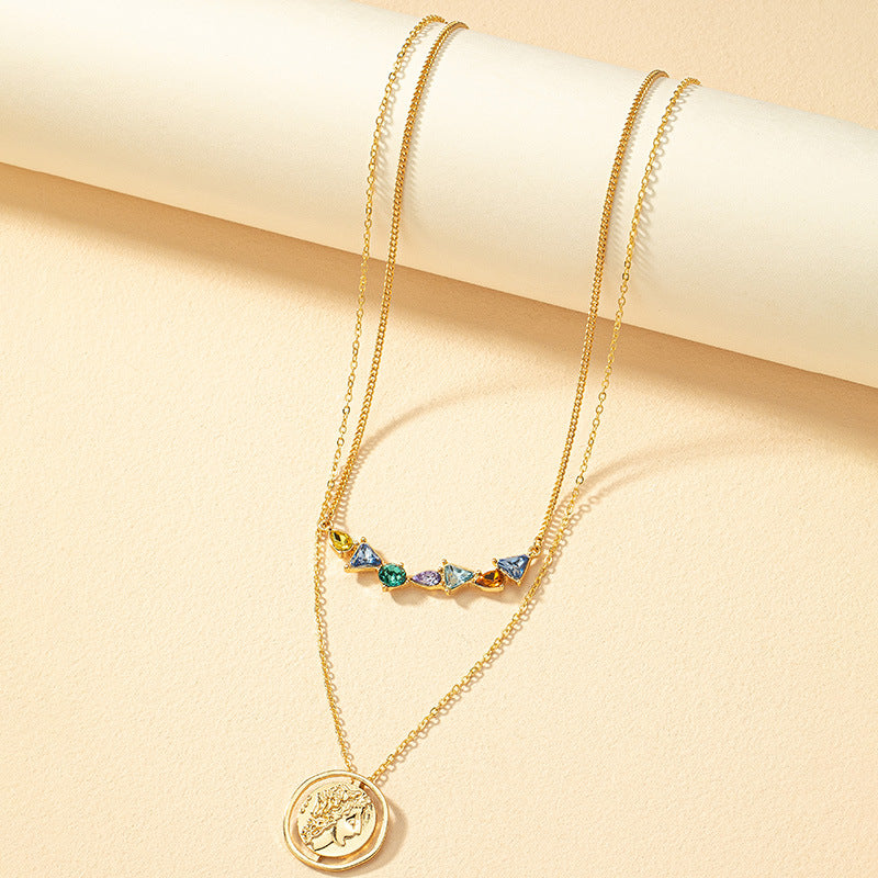 French Retro Double Layer Necklace with Irregular Design - Sparkling Pendant Luxe