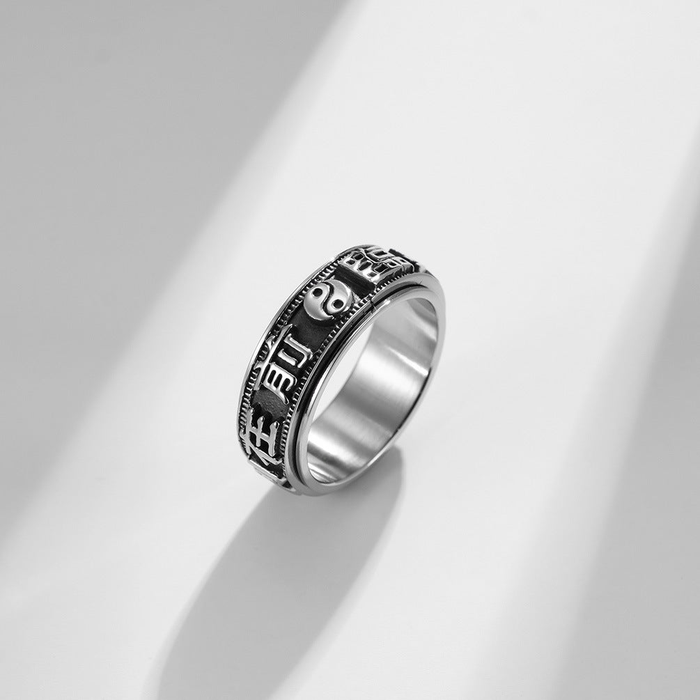 Planderful Rotating Mantra Ring For Men Chinese Style Nine Character Taoist Ring In Titanium Steel Durable