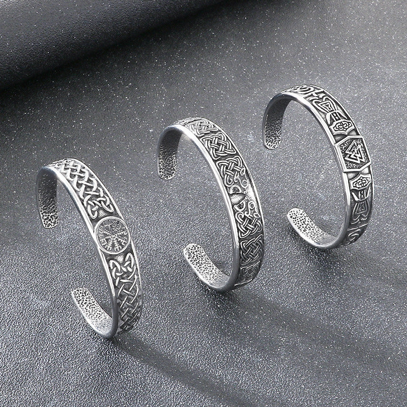 Rune – Nordic Viking Celtic Knot Double Wolf Head Titanium Steel Men's Opening Bracelet