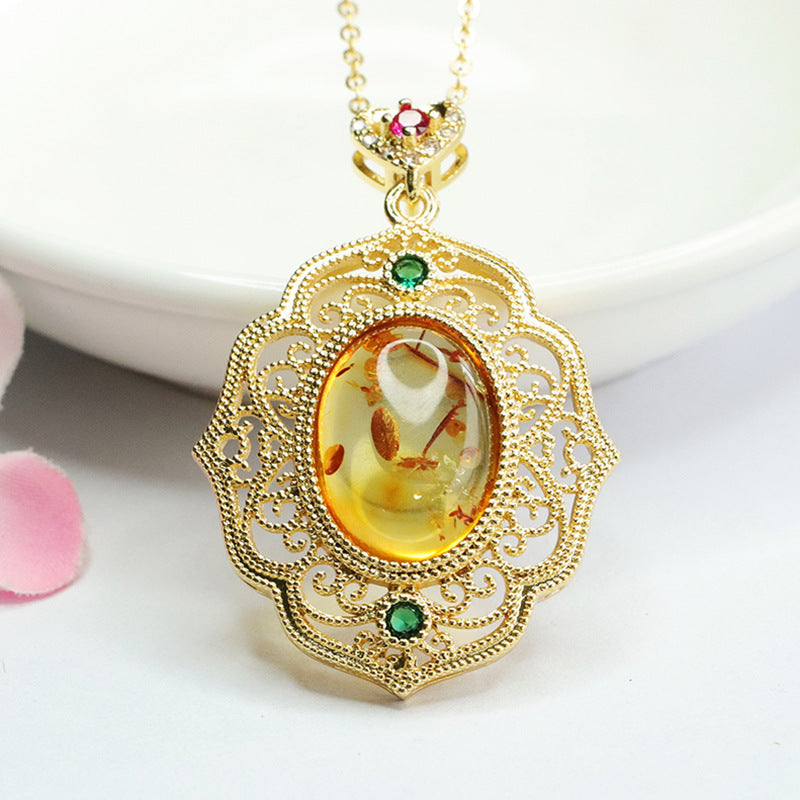 Floral Amber Vintage Zircon Openwork Pendant Necklace