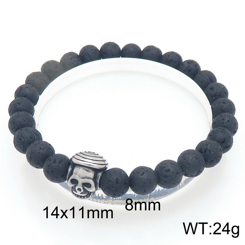 Planderful Men Skull Beaded Elastic Bracelet Volcanic Stone