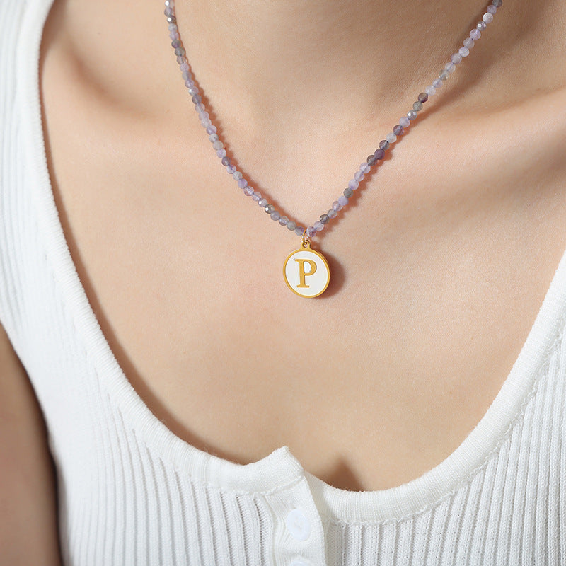 Luxurious Titanium Gold-Plated Mother-of-Pearl Pendant Necklace with Zircon Details