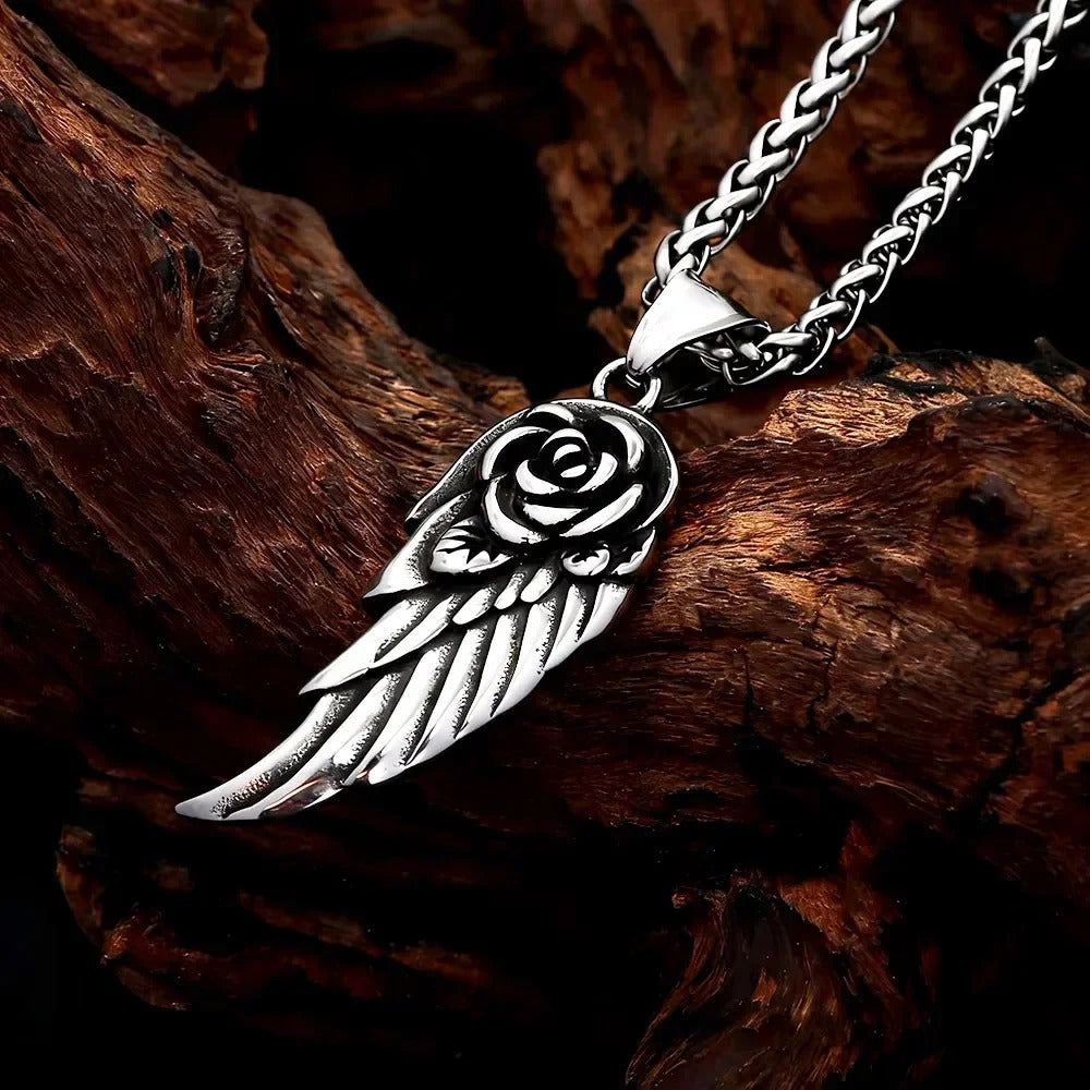 Rose Feather Stainless Steel Men's Pendant Necklace