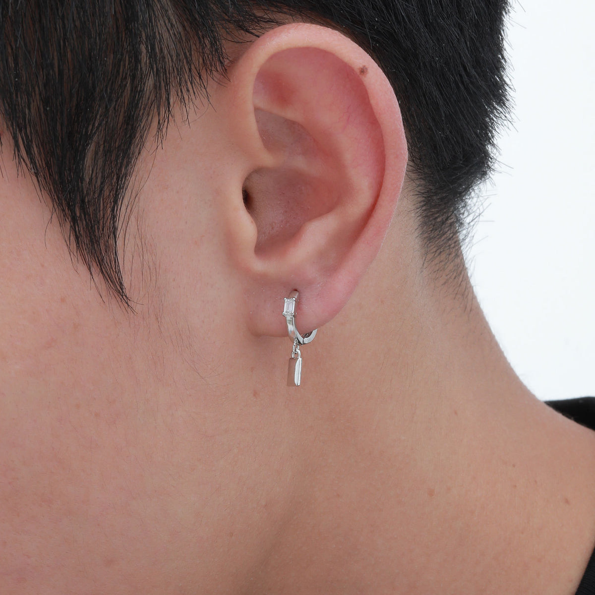 Copper Zircon Small Square Single Earring — White Gold Tone